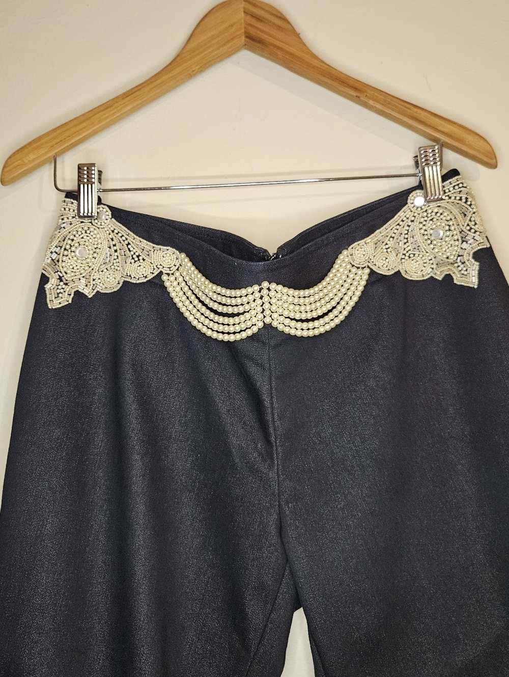 Esther Chen Navy Blue Cotton Wide Leg Embellished Trousers – Size 14 L, 39" - Picture 3 of 10